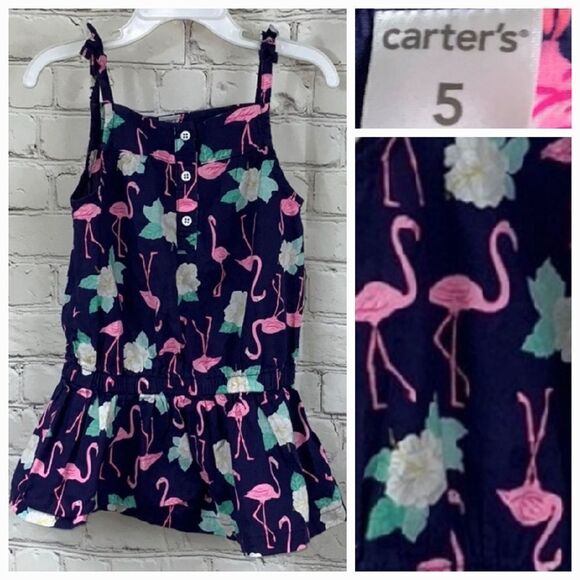 Carter's Pink Flamingo Sleeveless Tie Strap Navy Cotton Summer Blouse Henley Top - Picture 2 of 8